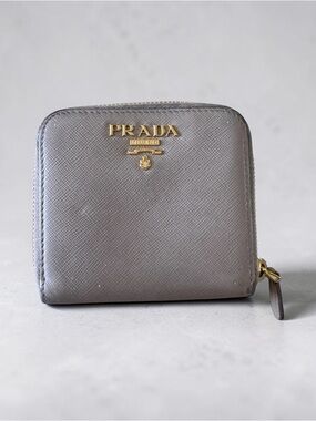 Prada Saffiano Leather Compact Zip Wallet in Beiger with Gold Hardware